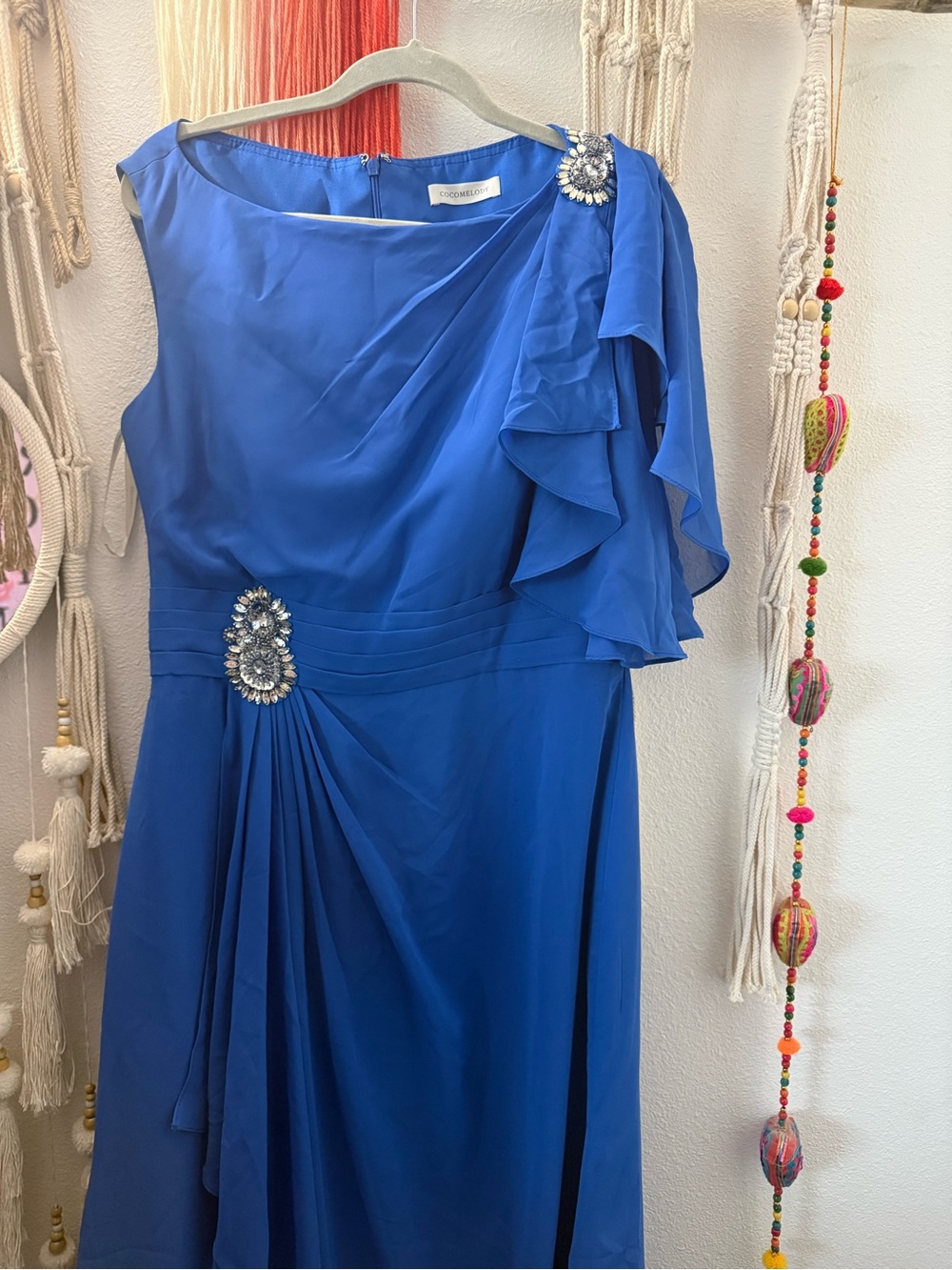 Royal Blue One-Shoulder Evening Dress with Crystal Accents